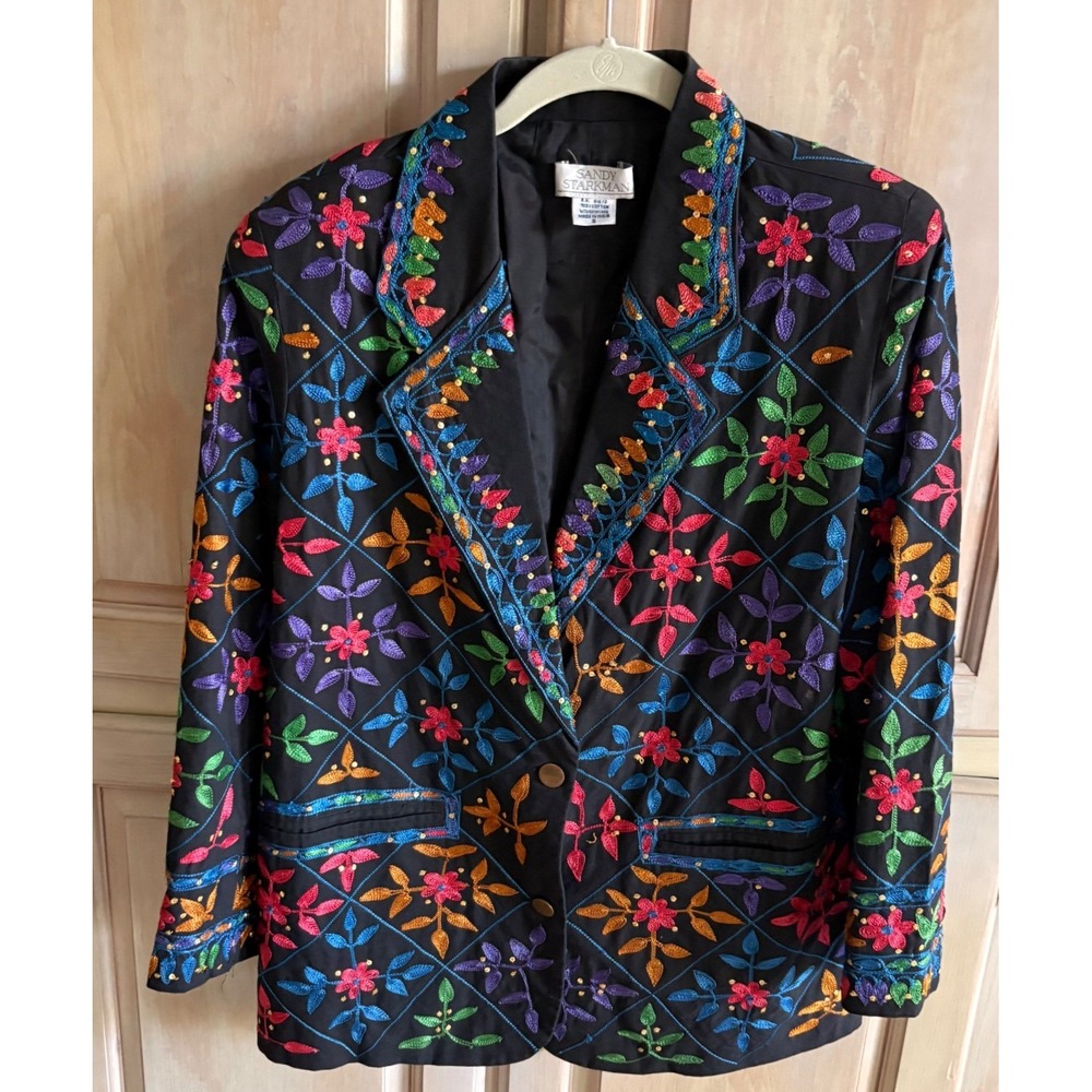 Sandy Starkman Blazer Womens Small Black Excellent Floral Sequin Art to Wear 90s